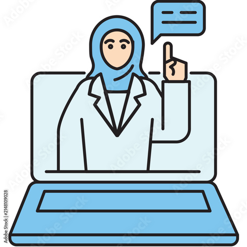 An Arab female doctor provides medical advice via a laptop