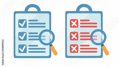 Approved and rejected clipboards comparison with checkmarks, cross marks, and magnifying glass cartoon animation for a business task checklist icon and document validation isolated on an alpha channel
