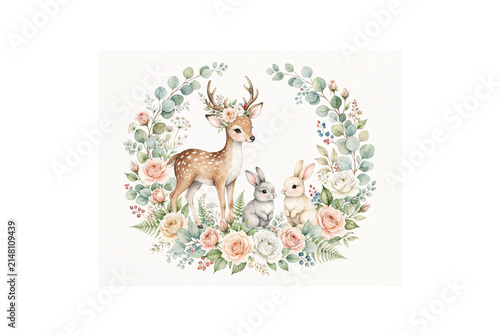Charming watercolor woodland illustration with cute baby deer fawn, two bunnies, floral wreath frame, eucalyptus leaves, and roses for nursery art.