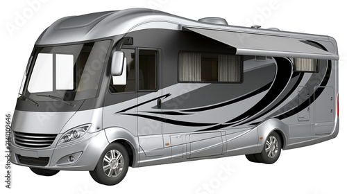 Modern silver motorhome with black graphic accents awning extended, isolated on transparent background