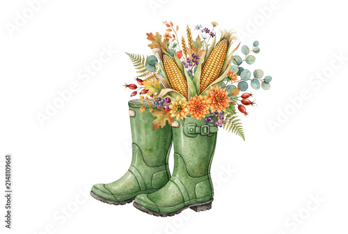 Harvest themed watercolor illustration featuring green rain boots filled with corn cobs, autumn leaves, dahlias, eucalyptus, and forest berries for fall.