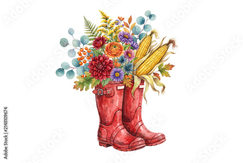 Vibrant watercolor red rain boots filled with a rich autumn harvest arrangement including corn cobs, dahlias, berries, and eucalyptus leaves.
