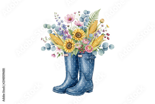 Charming watercolor polka dot blue rain boots holding a cheerful harvest bouquet of sunflowers, corn cobs, cosmos, and eucalyptus leaves.