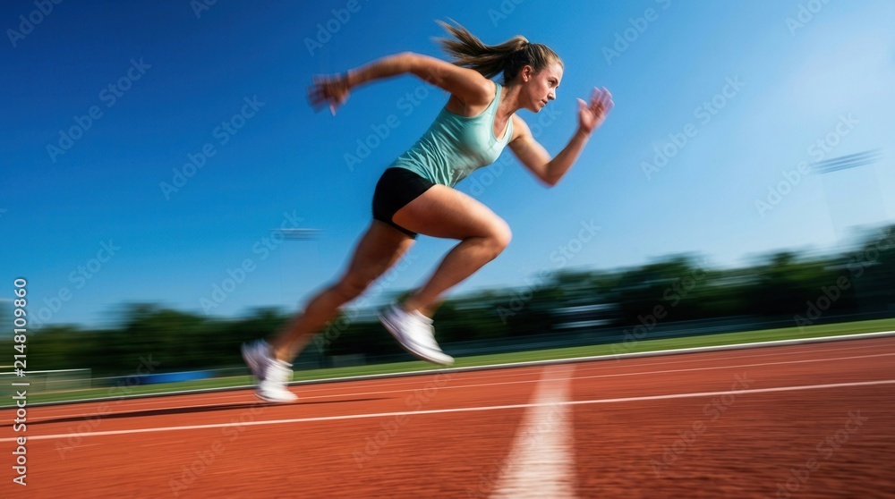 Obraz premium Running track athlete sprinting with dynamic motion blur against a vibrant blue sky