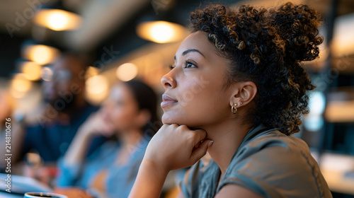Photorealistic diverse employee responding thoughtfully after hearing a subtle inappropriate remark during a meeting, colleague recognizing discomfort and manager facilitating