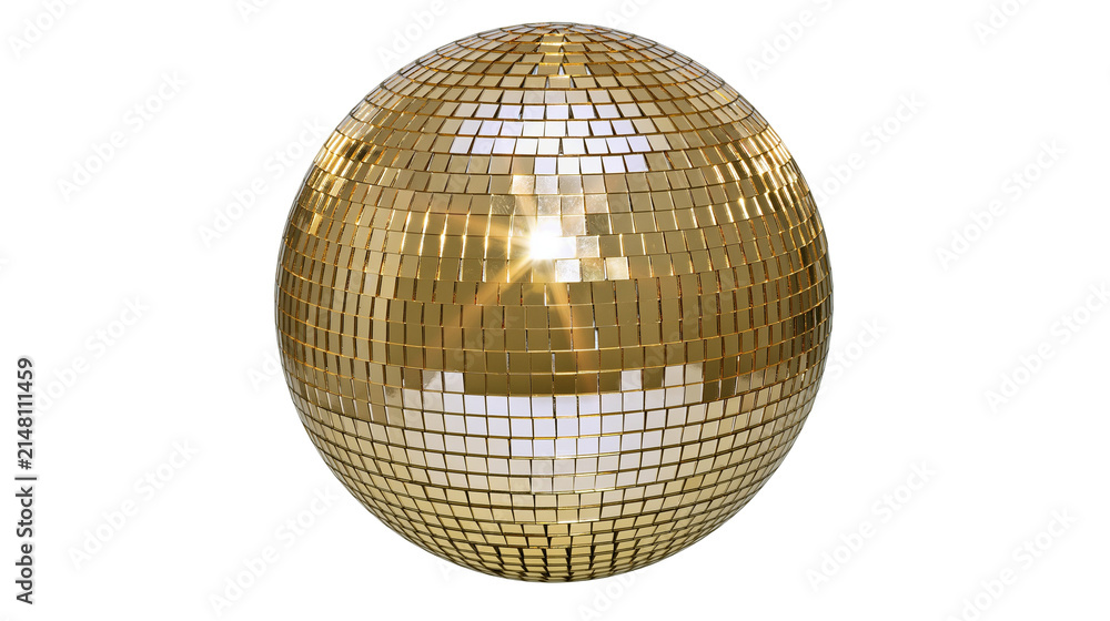 Fototapeta premium Golden disco ball covered in mirrored squares, isolated on transparent background