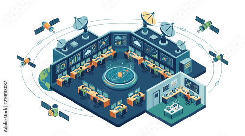 Space Mission Control Center with Satellite Tracking and Engineers Monitoring Screens Isometric