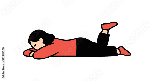 Bild auf Leinwand Cute cartoon woman lying on stomach, face down, resting, isolated on white backg