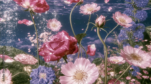 Underwater Floral Scene with Colorful Flowers and Petals