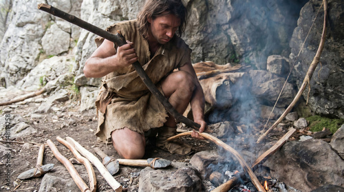 Prehistoric Man Crafting Fire with Sticks in Cave Dwelling Setting