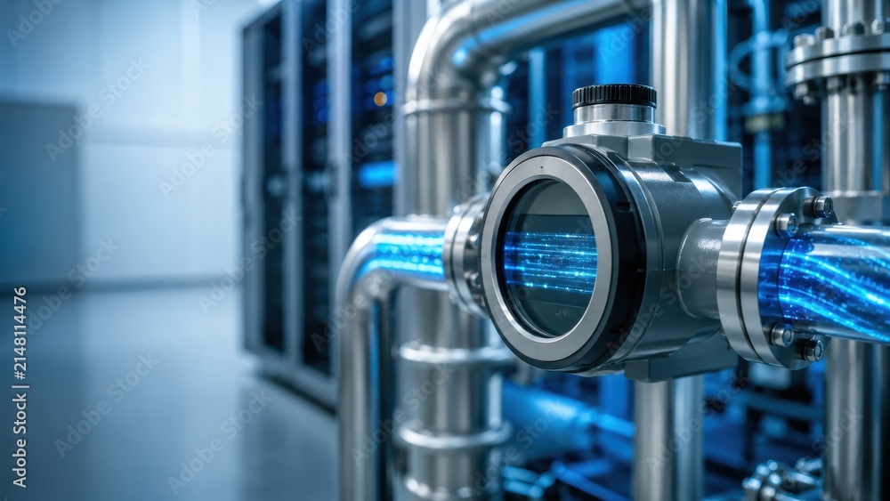 Fototapeta premium Data center server room liquid cooling pipes with blue digital light streams