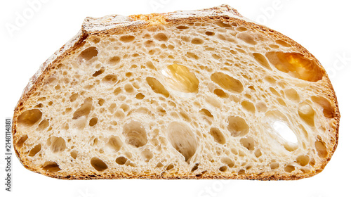 Crusty sourdough bread slice with large airy holes  isolated on transparent background