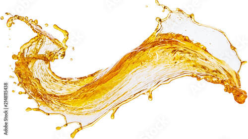 Obraz na płótnie Dynamic golden liquid splash with droplets, isolated on transparent background