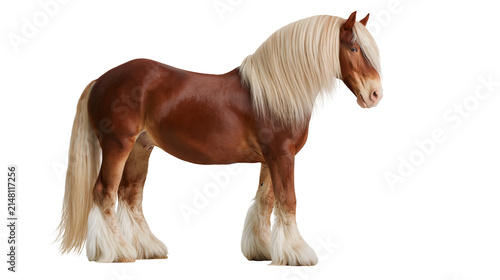 Bild auf Leinwand Majestic chestnut shire horse with long blonde mane and tail, isolated on transp