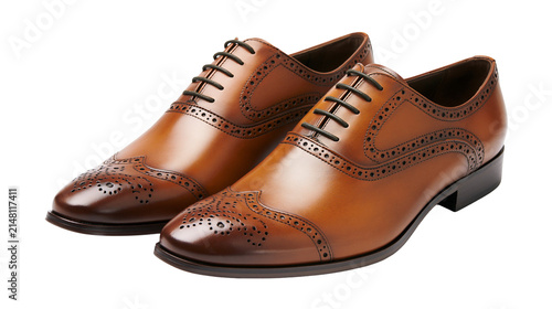 Obraz na plátne Shiny brown leather wingtip brogue oxford shoes detailed with perforations, isol