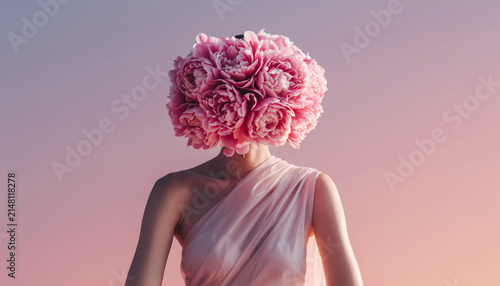 A person with a large pink flower bouquet as a headpiece, against a pink sky.