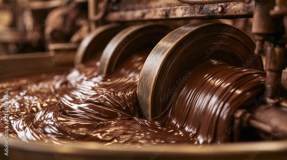 Obraz premium Chocolate conching machine with rollers churning liquid chocolate in sharp focus and a blurred production facility behind. Concept of chocolate making.