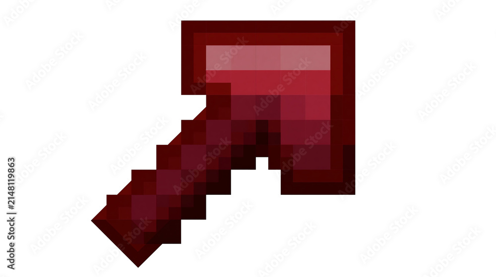 Fototapeta premium Pixelated red pickaxe tool, isolated on transparent background