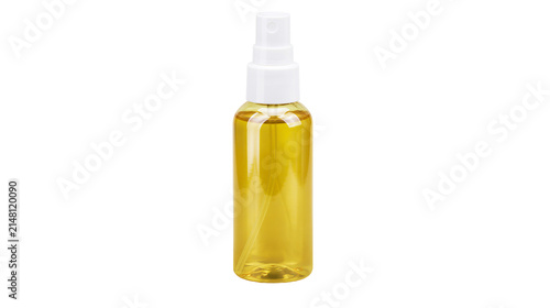 Foto Clear plastic spray bottle with golden liquid, isolated on transparent backgroun