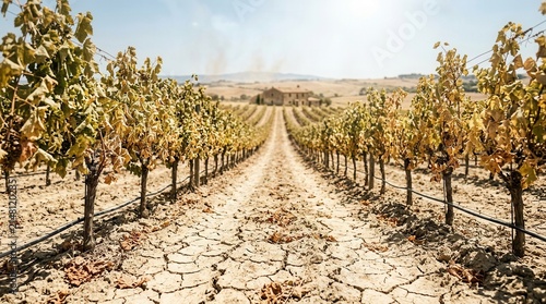 Dry soil and cracked clay paths in French countryside vineyard rows under a blazing midday sun
