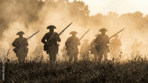 A field reenactment featuring hazy images of charging Revolutionary War soldiers.
