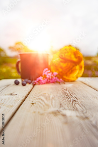 Fika Gebäck in Schweden mit Kaffee draussen in der Naturt  auf einem Holztisch