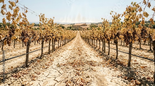 Unprecedented summer heat haze over French countryside vineyard rows with yellowed leaves and dry soil