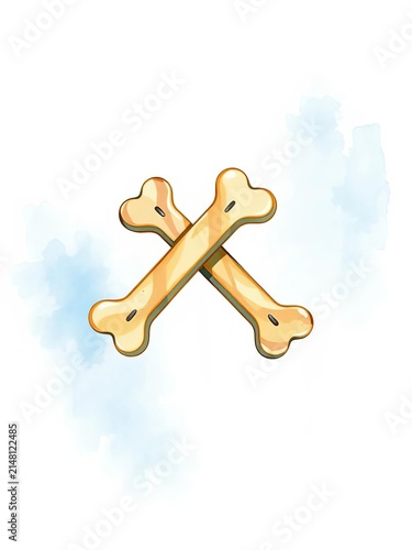 Crossed dog bone biscuits in a watercolor-style illustration, with soft blue and white hues, sweet, canine