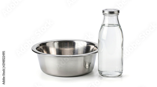 Stainless steel pet bowl and glass water bottle isolated on white background