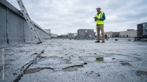 A flat commercial roof with deteriorated membrane surface while an adjuster assesses hail damage.