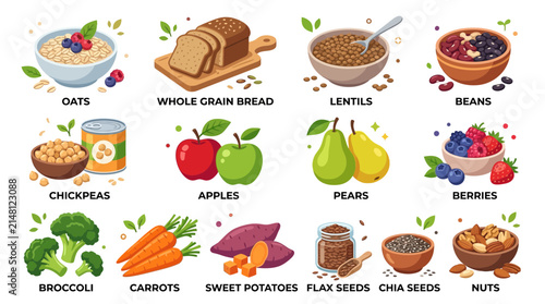 Healthy fiber rich foods set including vegetables fruits and grains