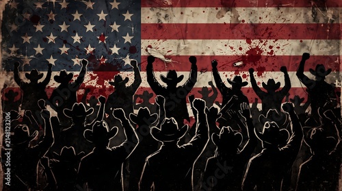 Silhouettes of cowboys cheering in front of a distressed us flag