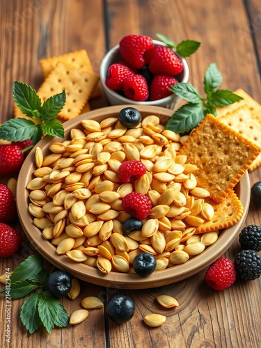 Golden sunflower seeds, sesame-free crackers, and fresh berries arranged on wooden table, allergy, lactose-free