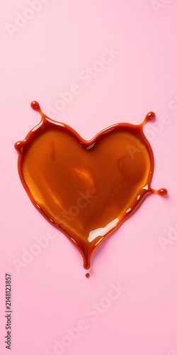 Heart-shaped splash of coffee on a pink background, morning, cup