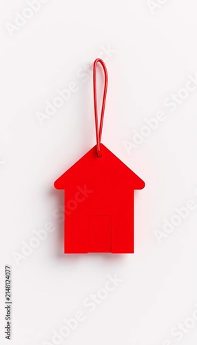 Isolated red house shape as a paperclip on neutral background A simple, single-story building with a rounded roof and a small door at the center, minimalist, shapes