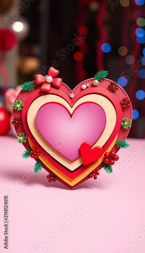 Layered heart symbol adorned with festive decorations in bold colors, bright, bow