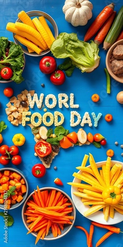 Map made from colorful foods on blue table for World Food Day celebration, blue, table
