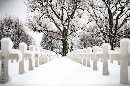 American Cemetery Margraten in the winter after it has snowed