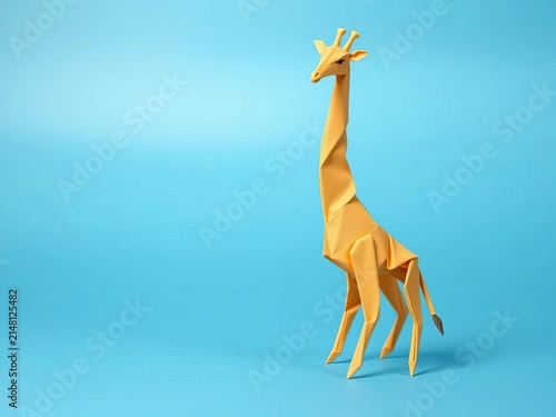 Origami giraffe with long neck and legs, surrounded by gentle curves, butterfly, nature