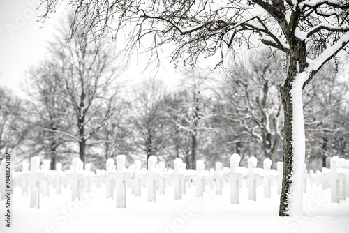 American Cemetery Margraten in the winter after it has snowed
