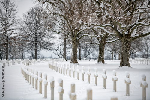 American Cemetery Margraten in the winter after it has snowed