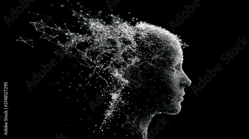 Abstract digital human head made of neural network connections and AI data particles