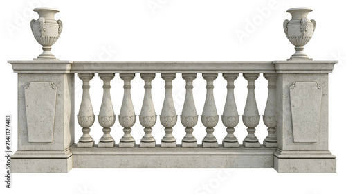 Ornate stone balustrade with decorative urns on pillars, isolated on transparent background