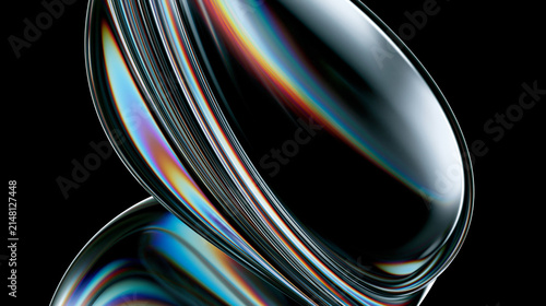 Iridescent glass rings abstract with colorful reflections and sleek futuristic black background