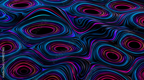 Abstract neon layered topographic waves with colorful concentric rings and flowing depth