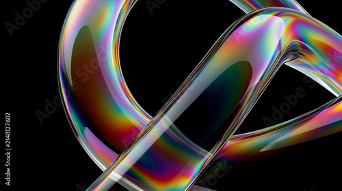 Abstract iridescent glass loop on black background with rainbow reflections and glossy 3D ribbon form