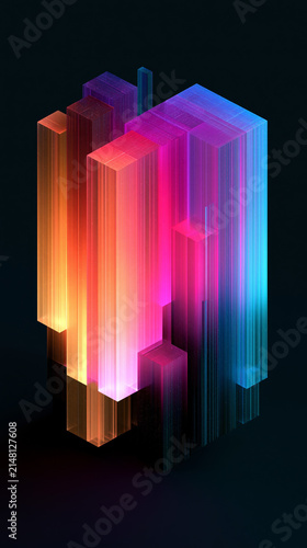 Abstract neon city data towers — futuristic digital skyscraper visualization with colorful light streaks and technology vibes