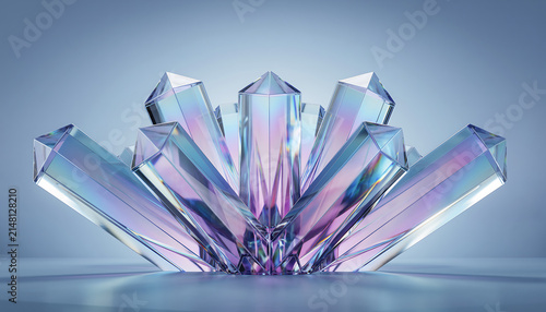 Iridescent Prismatic Glass Crystal Cluster 3D Render with Pastel Gradient Background