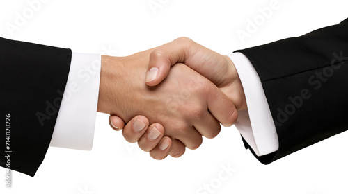 Obraz na plátne Two business people shaking hands firmly wearing formal black suits with white s