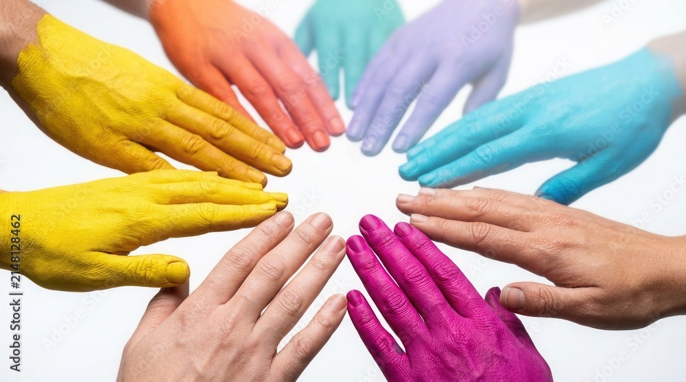 Fototapeta premium Against a white background, multiple human hands painted in bright colors reach toward the center in a circular arrangement representing diversity and global unity
